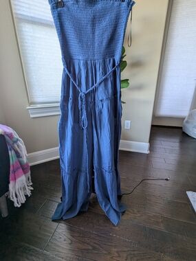 Smocked Strapless Maxi Jumpsuit in Navy Blue